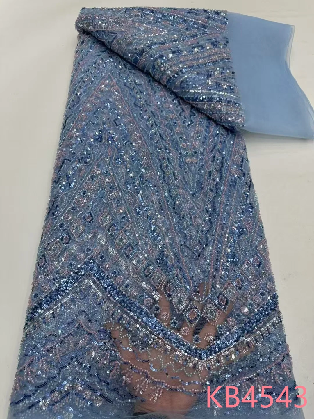 5 Yards Burnt Orange Beaded Lace Fabric African Fabric Lace High Quality Blue Sequence Tulle For Sewing KB4080