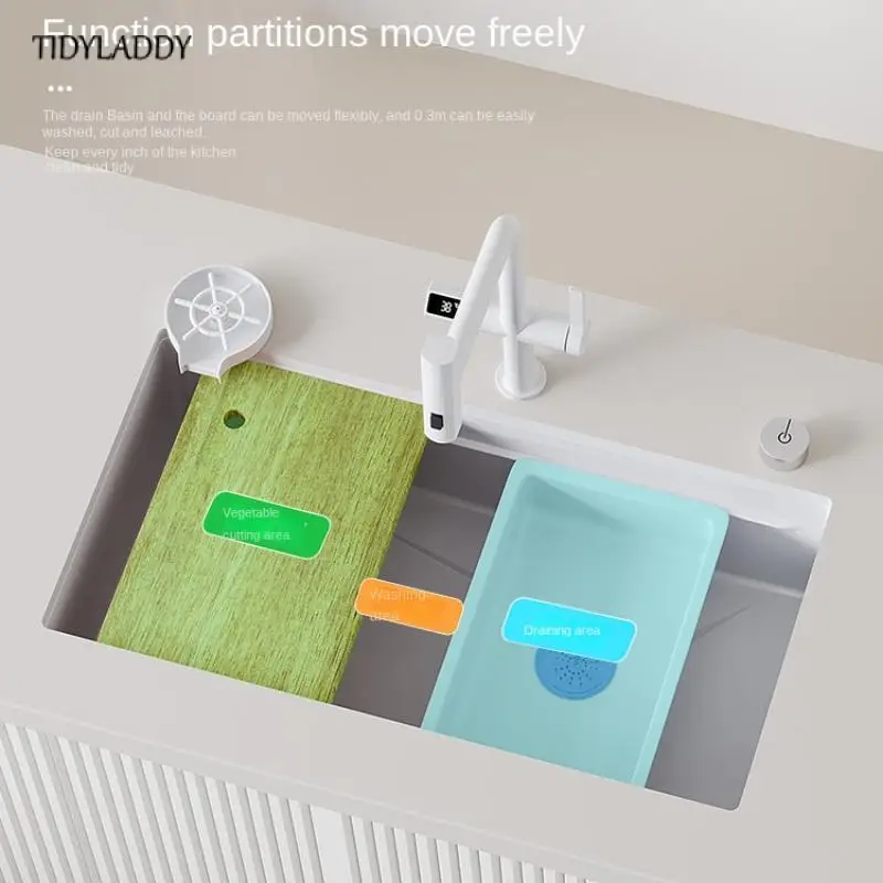 White Stainless Steel Kitchen Sink with New Digital Display Pull-Out Waterfall Faucets Multifuctional Sink Kitchen Accessories