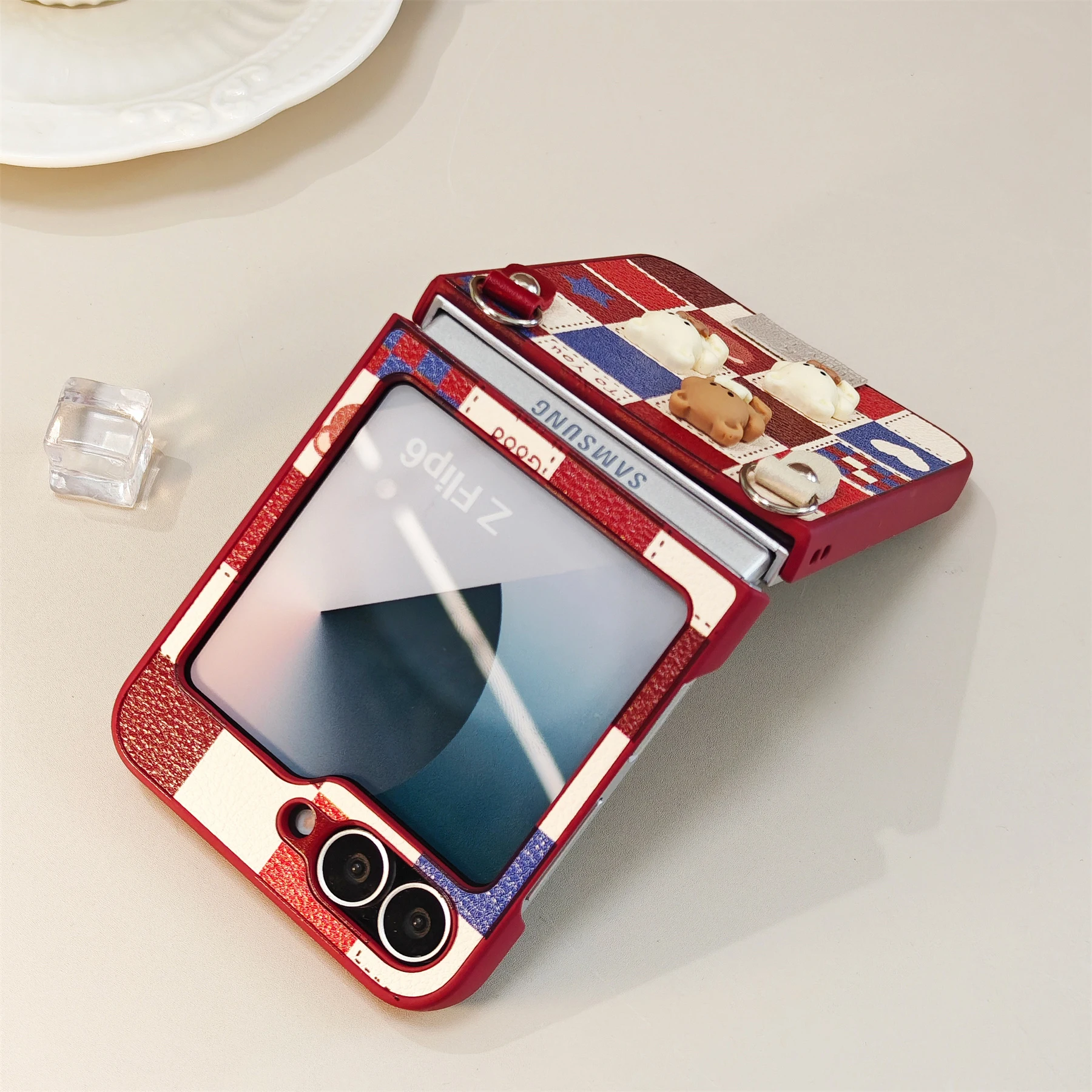 Korean Cute Bear Lattice Wine Red Rope Phone Case – Stylish Back Cover