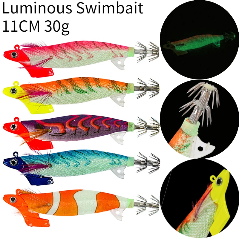 Luminous Wood Shrimp Artificial Fishing Lure Squid Jigs Sharp Hook Cuttlefish Bait Deep swimbait
