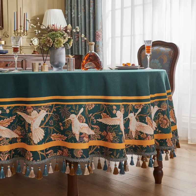 

Round Tablecloth Luxury White Letter Birds Printing Table Cover Elegant Tassels Green Table Cloth Towels Dining Table Decoration