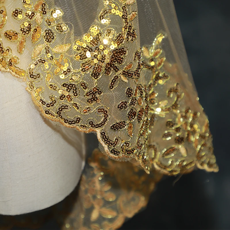 0.9M BlingBling Bridal Veil Gold White Red Wedding Hair Accessories Wedding Veil 1 Layer Bride Lace With Comb