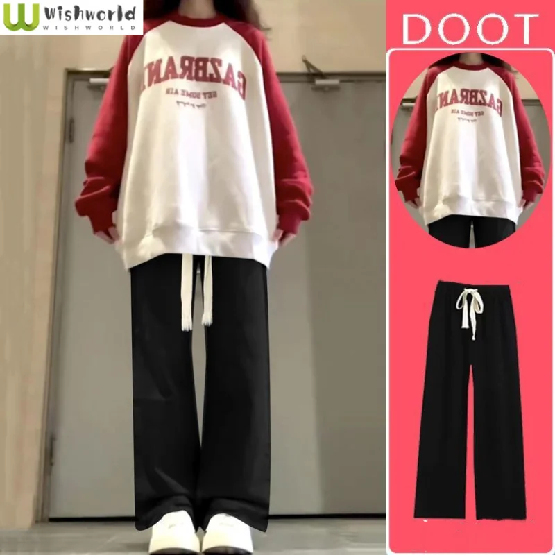 Women's Set 2023 Spring and Autumn Korean Edition Casual Top Loose Casual Pants Mesh Red Wear Two Piece Set Ins Fashion