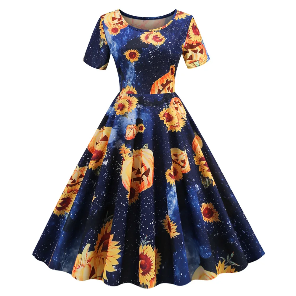 Halloween Dresses Skeleton Pumpkin Printed Cosplay Party Costume Women Vintage Polka Audrey Dress