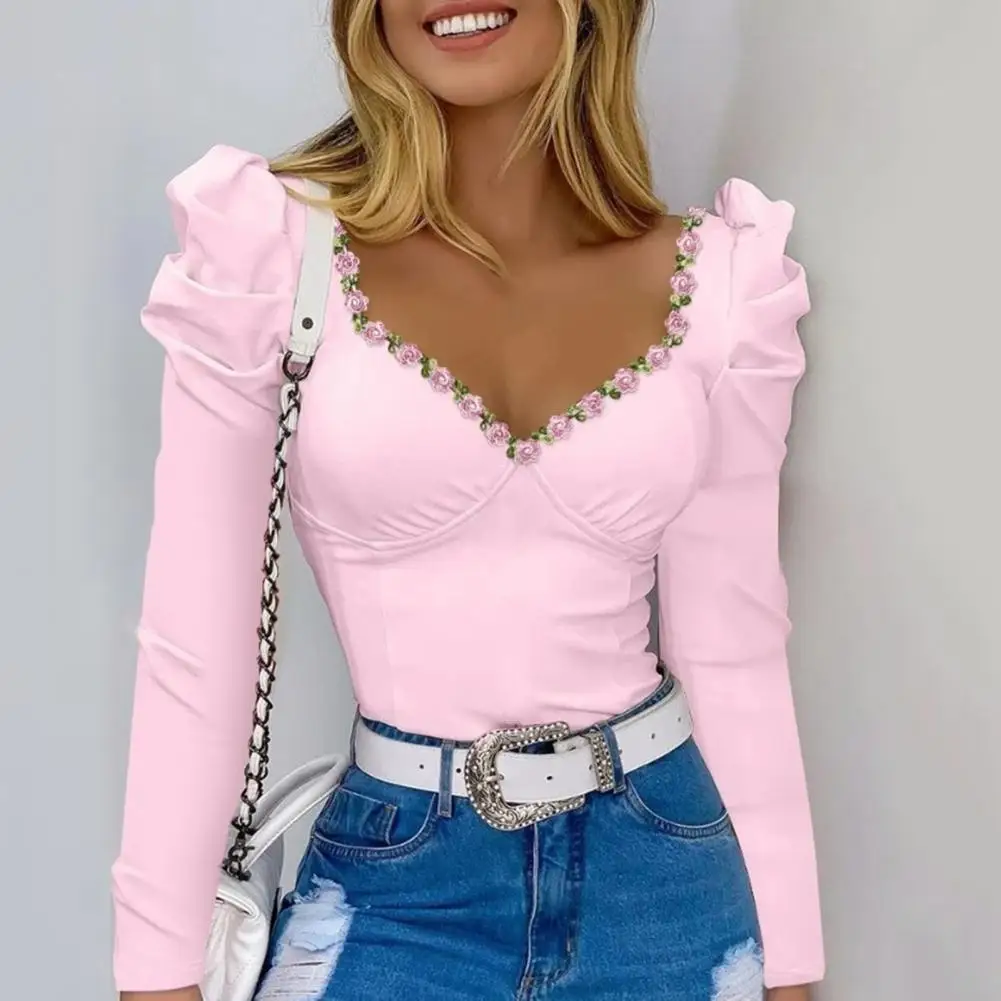 

Spring Summer Tops Floral Square Collar Puff Sleeve Tee Slim Fit Streetwear Top for Women Spring Summer Fashion Trend Women Tee