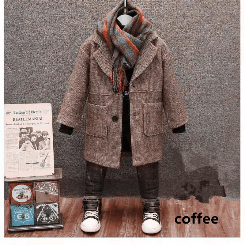 Boys Woolen Coat Spring Autumn New Fashion Solid Turn Collar Outwear 5-14T Children Overcoat High Quality