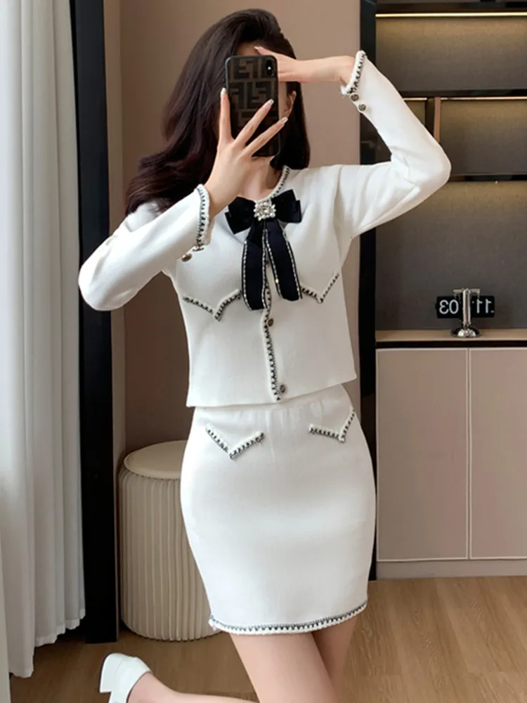 

Fall Winter Knitwear Two Piece Set Women Bow Short Knitted Cardigan Jacket & Mini Skirt Suits High Street Sweater 2 Piece Sets