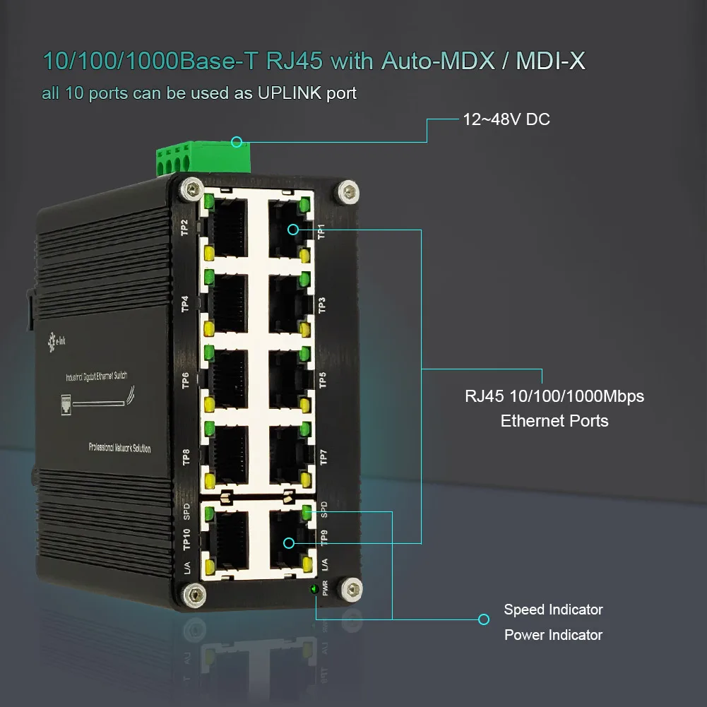 Mini Industrial 10 Ports Gigabit Ethernet Switch Din Rail 5/8/10-port 10/100/1000Mbps Network Switch IP40 Aluminium Case
