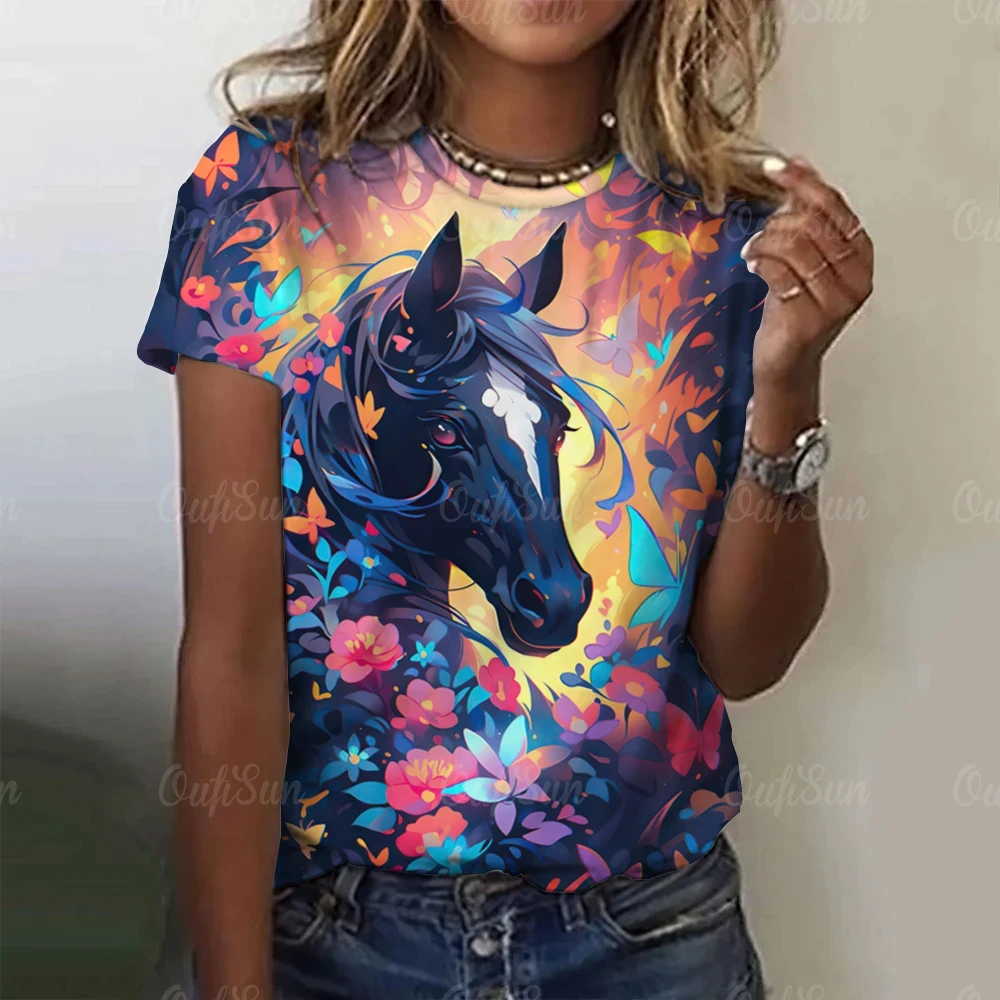 Mode Frauen T-Shirt 3d Pferd drucken kawaii T-Shirt weibliche Freizeit kleidung Sommer Frauen übergroße Vintage lässige Tops – Detail 4