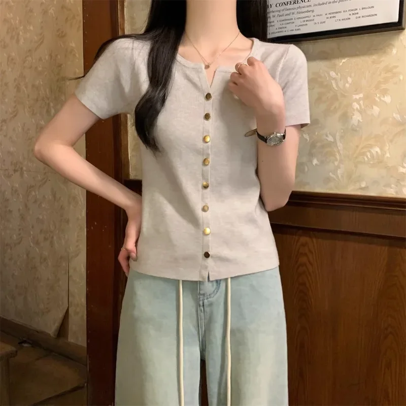 New Women's Knitted Button Shirt Stylish and Elegant Women's Office Short Sleeve Crew Neck Pullover