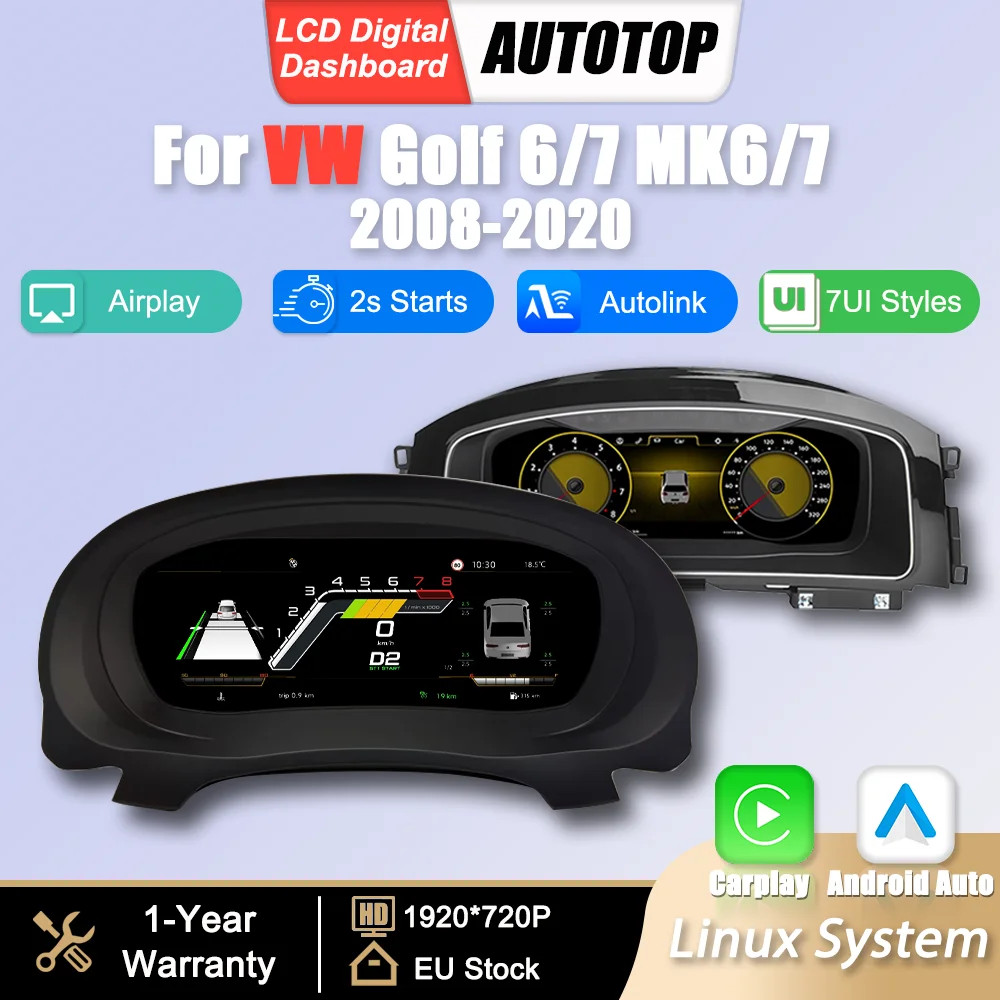 Panel de Instrumentos Digital LCD Linux para VW Golf 6 7 7.5 R-Line GTI GTE R MK6 7 2008-2020, Carplay Inalámbrico, Android Auto, Cabina Virtual 1