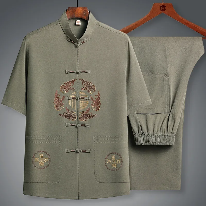 Chinese Traditional Tang Clothing Kung Fu Suit Fashion Casual Embroidery T-shirt Pants Wing Chun Tai Chi Comfortable Men Set