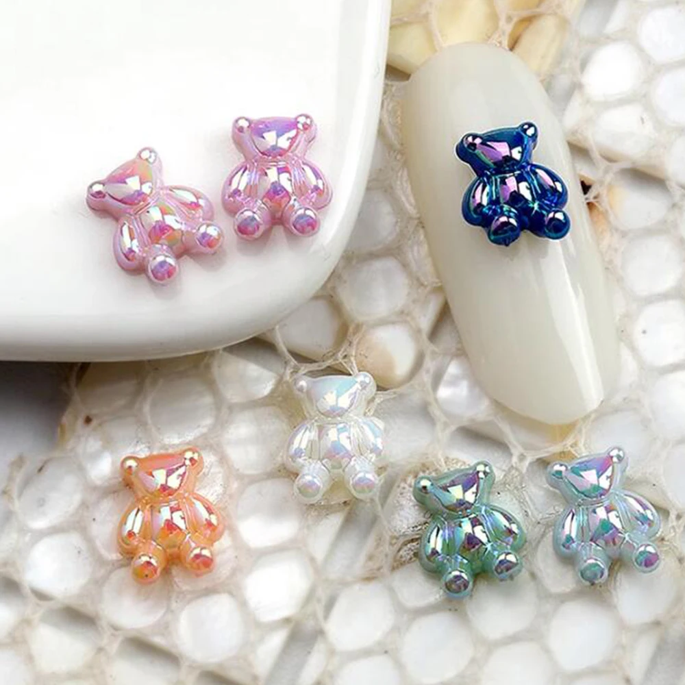진주 빛 다채로운 곰 네일 송진 보석, 3D 거울 효과 쥬얼리, 카와이 오로라 곰 부품 참, DIY 매니큐어, 7*8mm, 10 개/백