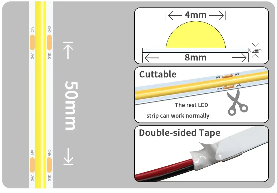 Description Picture 6 of itemDimmable FOB COB Led Strip Light DC12V 24V 320LEDs Flexible FCOB Led Tape Ribbon with DC Connector 1-10M Linear Kitchen Bedroom