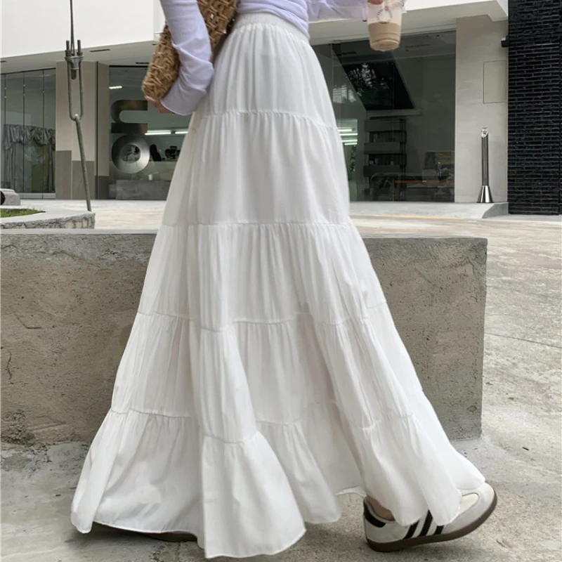 Spring Women Maxi Skirt 2024 New Fashion Solid Color Elastic Waist Pockets Pleated Long Umbrella Skirts