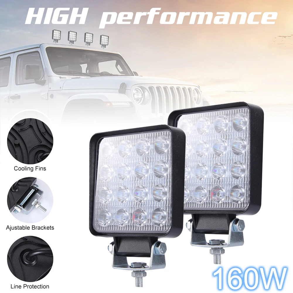 

2pcs Square 160W LED Work Ligh Spotlight Headlight Bulbs LED Light Bar 6000K 16000LM for Car Truct Boat Atv 4x4 Jeep Offroad