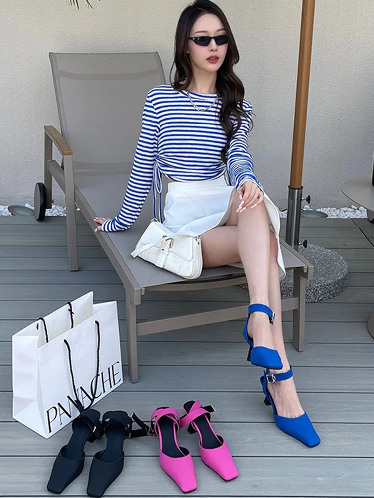 

Новинка Весна 2023, женские сандалии на тонком каблуке с квадратным носком, розово-красные туфли на высоком каблуке, узкие туфли Muller