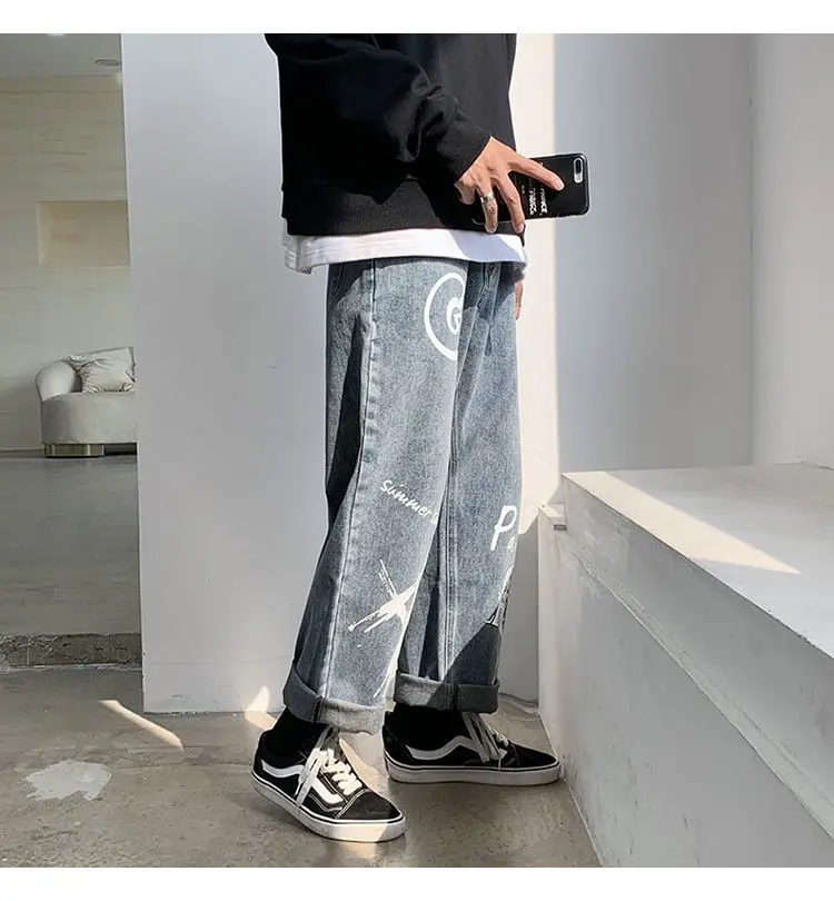 light blue jeans men Spring and Summer HipHop Straight Jeans Men's Graffiti Casual Trousers Trendy Loose Wide Leg Pants Male Student Ins All-Matching flannel lined jeans