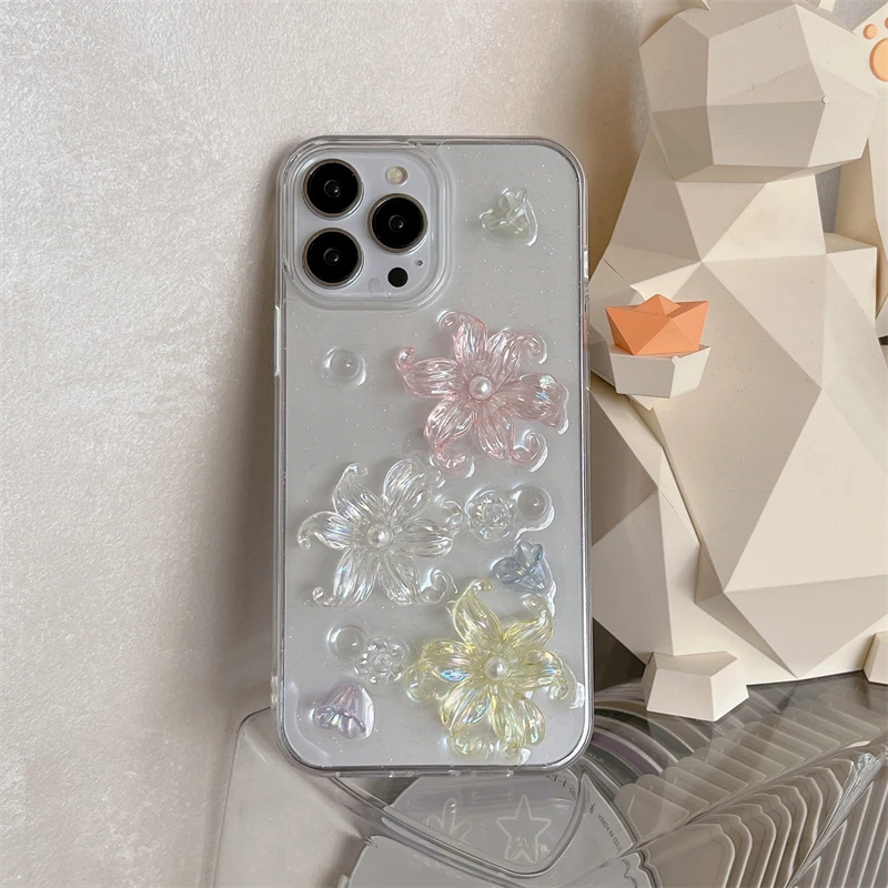 Elegant 3D Crystal Lily Flower Phone Case with Pearl Epoxy and Glitter Finish