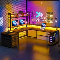L Shaped Gaming Desk, Drawers & Storage Shelf Reversible Computer Desk with Monitor Stand & Power Outlets, LED Gaming Desk 2