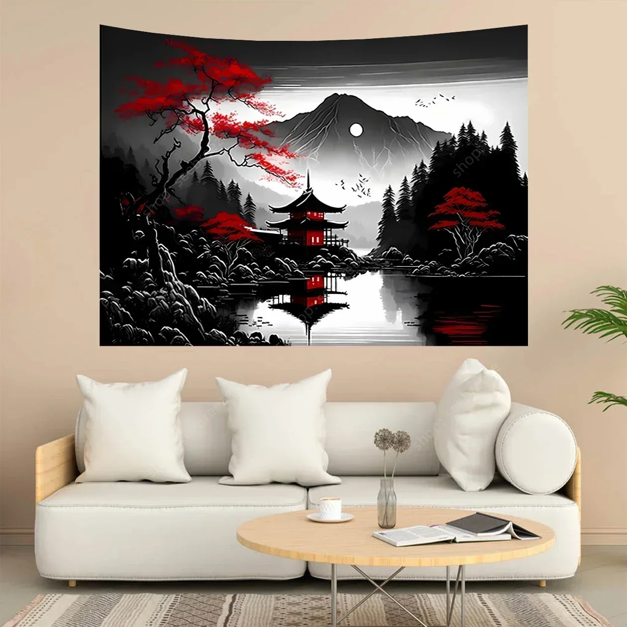 Mountain Forest Tapestry, Black and White Nature Moonlight Wall Hanging, Tree Sunset Dark Tapestries Bedroom Living Room Decor