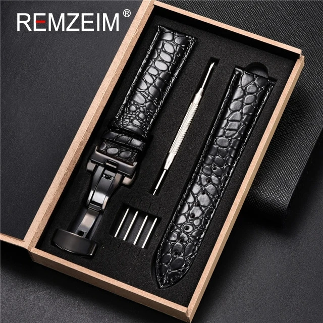 Luxury Embossed Leather Watch Strap with Butterfly Clasp