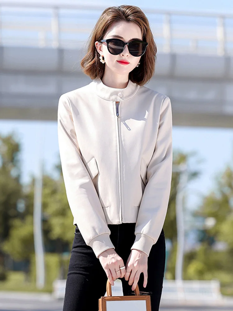 New Women Baseball Uniform Style Leather Jacket Spring Autumn Casual Stand Collar Sheepskin Jacket Short Split Leather Coat