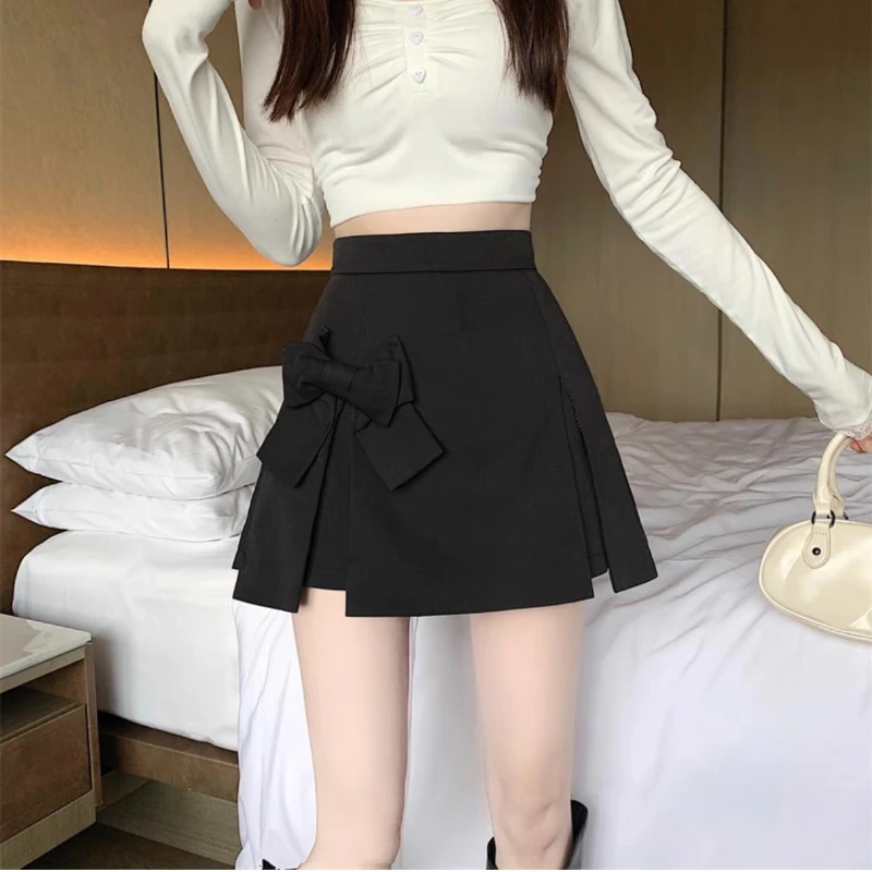 Deeptown Pleated Women Skirt Shorts Coquette Bow Grey Kawaii Short Skirt Cute Sweet Preppy Style Korean Fashion Irregular Skirt