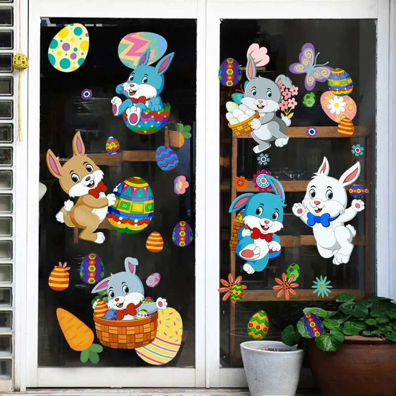 Easter Bunny Window Stickers Color Rabbit Egg Wall Glass Stickers Easter Decoration For Home Wall Decal Happy Party Gifts