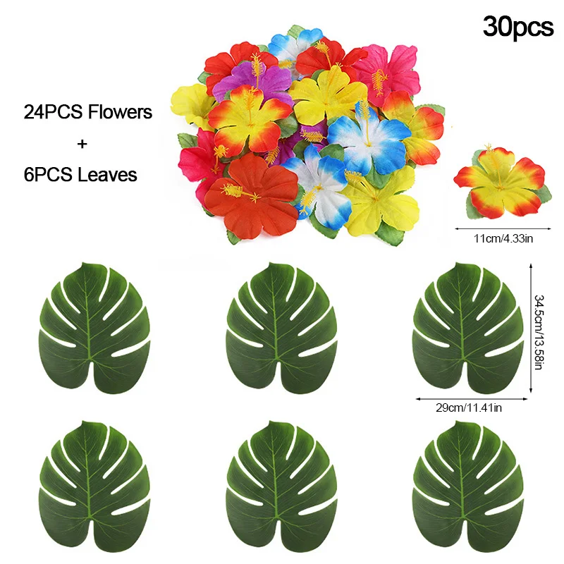 12/30pcs Artificial Tropical Palm Leaves Hibiscus Flower for Hawaiian Luau Tropical Party Table Decoration DIY Wedding Birthday