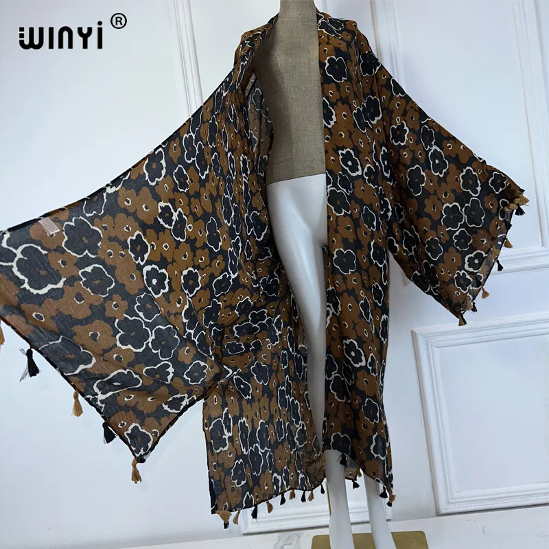 WINYI 아프리카 추상화 프린트 해변 커버 업, 기모노 의상, 맥시 원피스 가디건, 여성 비치웨어, 2024 아바야, 두바이, 럭셔리, 여름