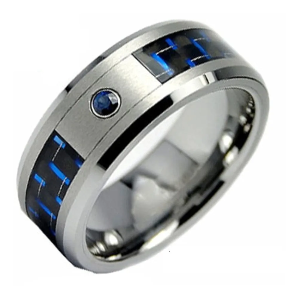 Unique 8mm Tungsten Wedding Band Black & Blue Carbon Fiber Inlay & Blue Stone Engagement Ring