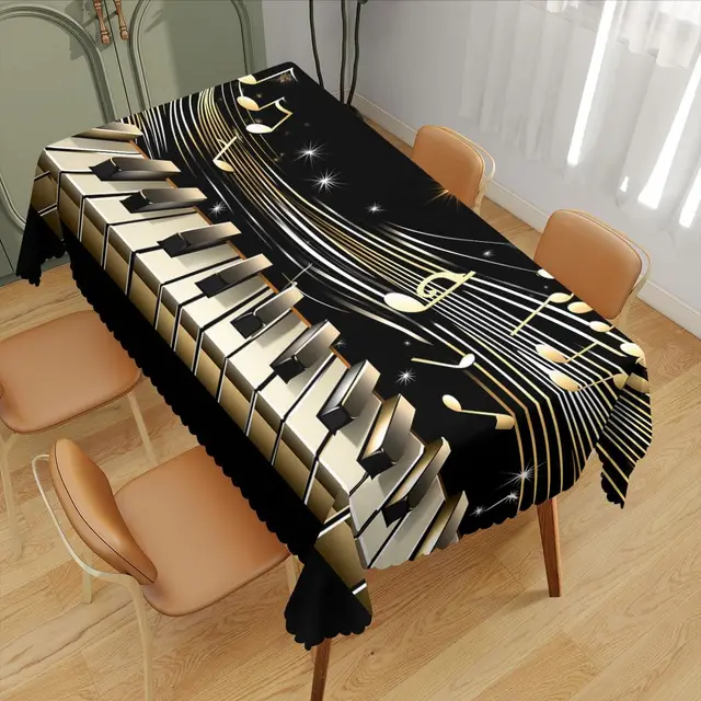 Nappe de piano élégante aux notes dorées, Housse de table haut de gamme à motifs de touches musicales noires et blanches pour cuisine, maison et dîner festif 1