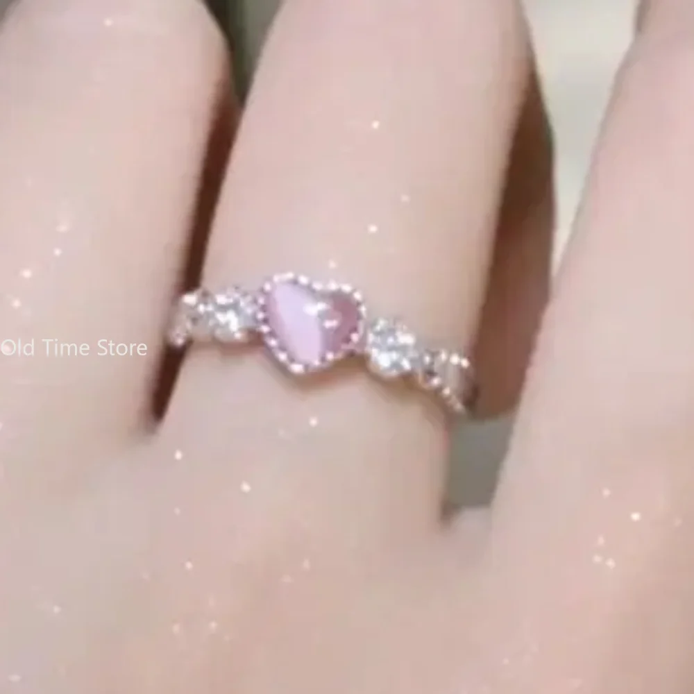 Pink Love Heart Crystal Rings For Women Kpop Love Zircon Open Ring Irregular Aesthetic girl Rings Jewelry