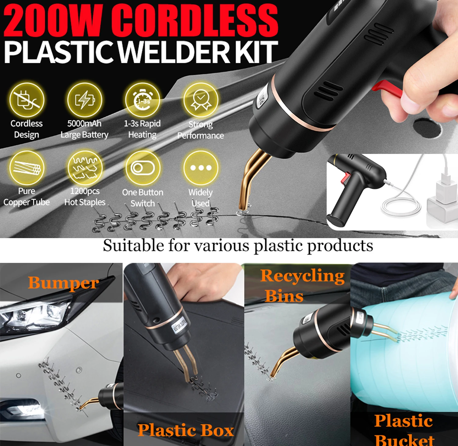 200W Hot Stapler Rechargeable 5000mAh Plastic Welding Machine Bumper Repair  Kit Soldering Iron For Plastic Car Bumper Repair - AliExpress
