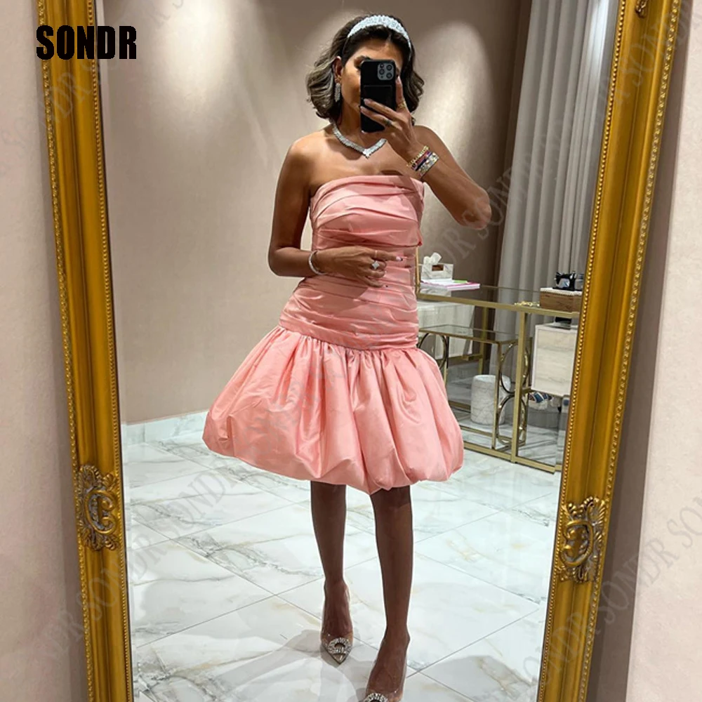 

SONDR Baby Pink Taffeta Strapless Saudi Arabic Short Evening Party Dresses Cocktail Prom Party Gowns Women Celebrate Dress