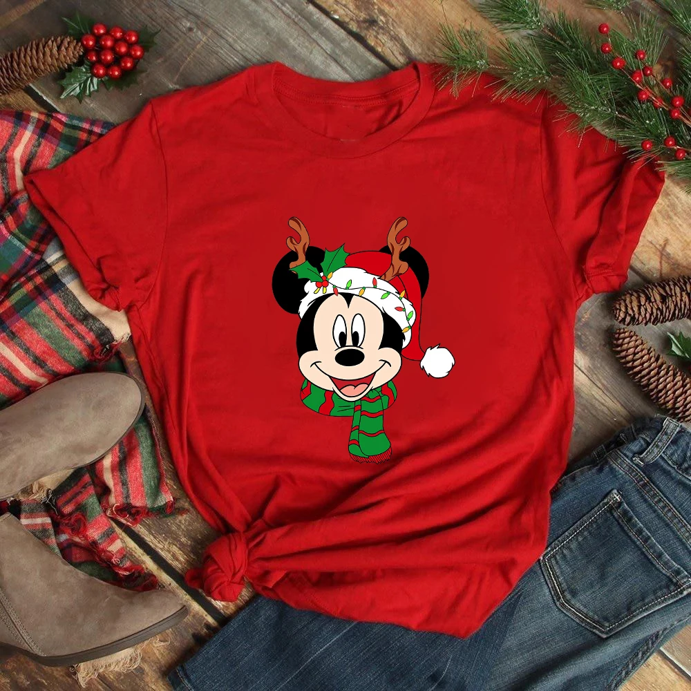 

Christmas Mickey Disney Female Clothing Kawaii Fashion Trend Xmas Party Red T Shirt for Women Short Sleeve Home Casual Tops Tees