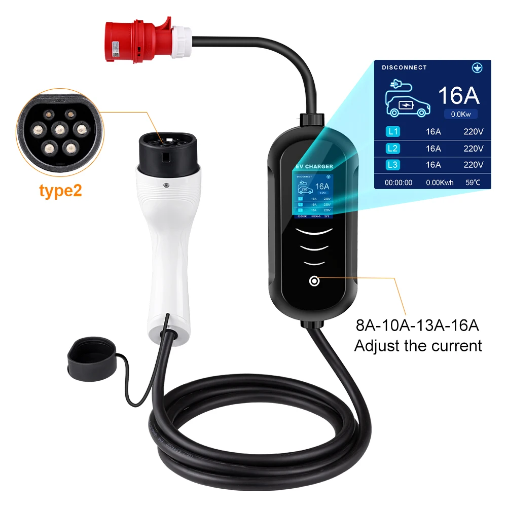 11KW 16A EV Portable Charger Type2 EVSE Charging Box Electric Car Charger CEE Plug IEC62196-2 Electric Vehicle Charger 5M Cable