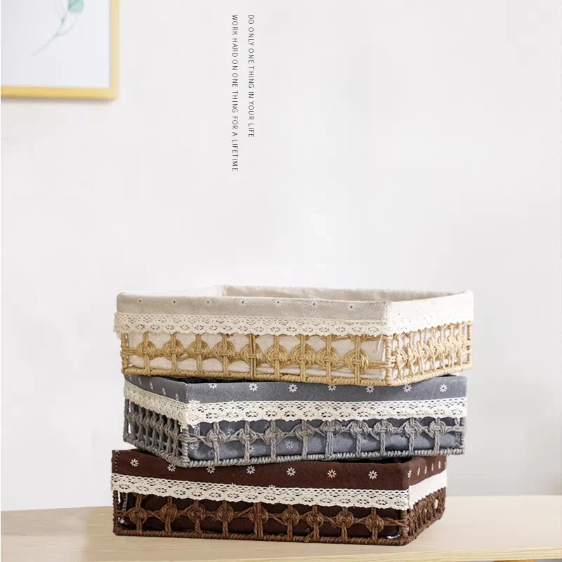 Hand-woven Imitation Rattan Basket Rectangular Storage Box Fruit Tea Snack Bread Basket Cosmetic House Kitchen Supplies Basket