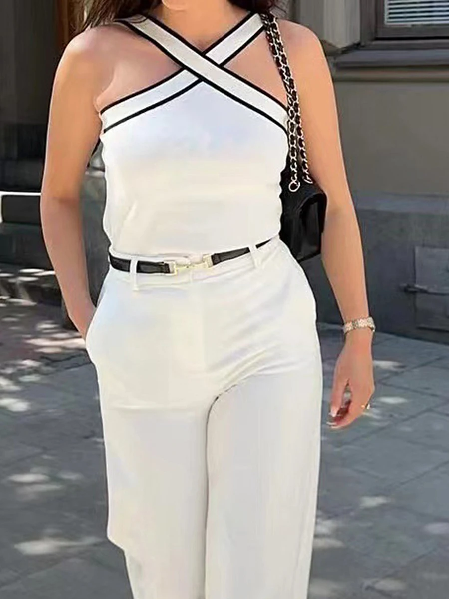

Women Knit Striped Tank Tops Sleeveless Backless Cross Front Tops Halter Vest Shirt Street Party Club