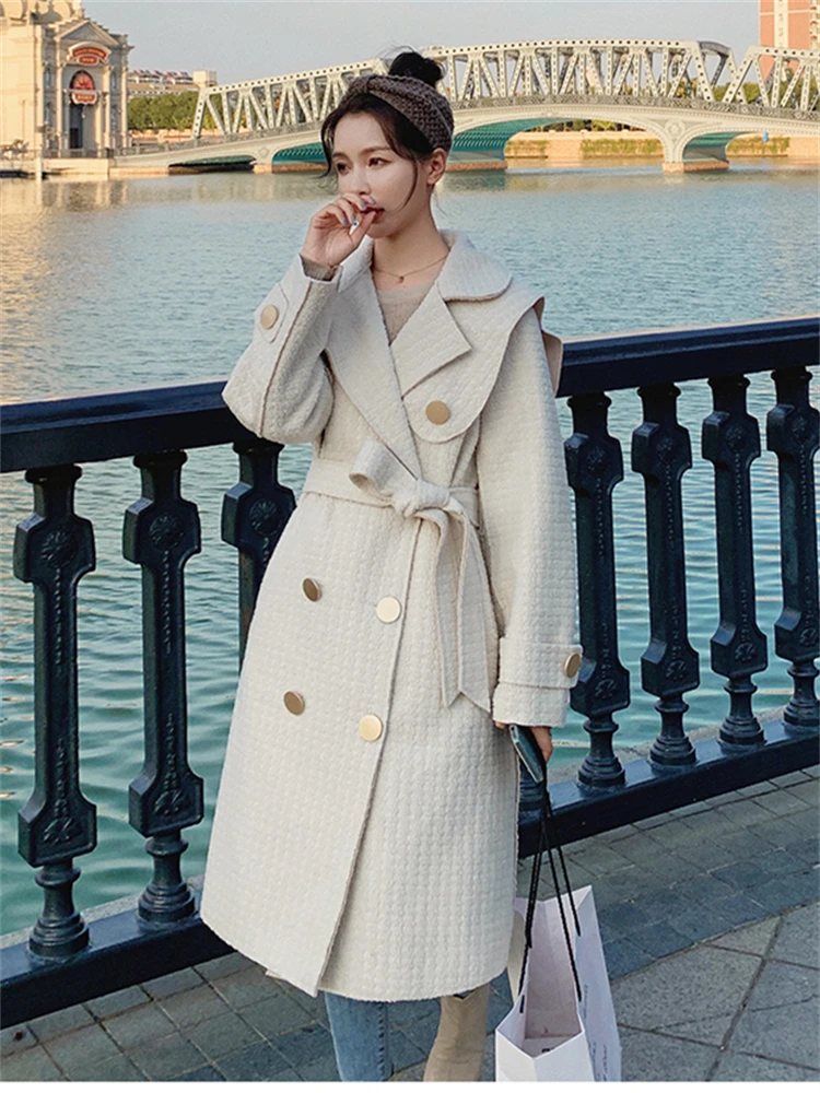 

British Style Double Breasted Belt White Woolen Jacket Overcoat 2022 Autumn Winter Women Elegant Vintage Loose Long Coat 0830