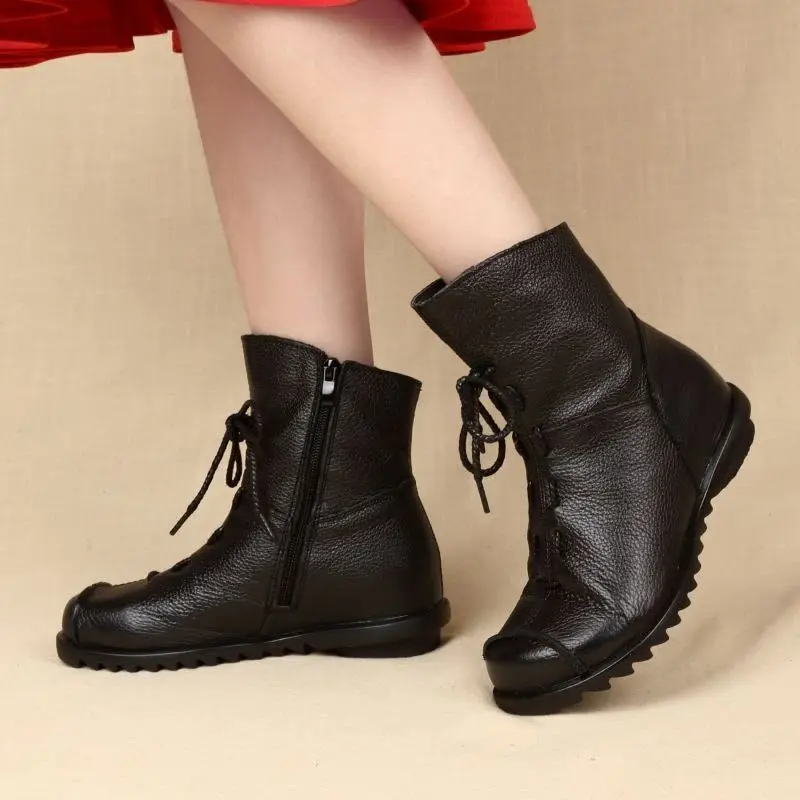 Autumn Winter Women's Boots Genuine Leather Waterproof Outdoor Leisure Snow Boots Women Non-slip Warm Flat Ankle Boots Plus Size