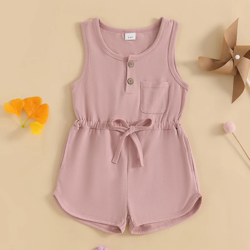 2024-12-04 Lioraitiin Litter Girls Summer Casual Jumpsuit Sleeveless Crewneck Solid Color Drawstring Tank Romper 3