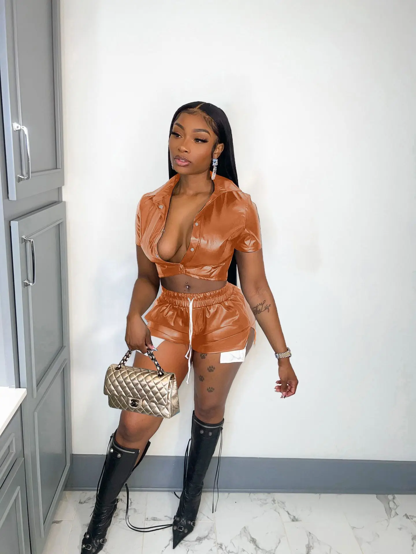 FAGADOER Leather Short Sets Women Lapel Buttons Sexy Top+shorts 2 Piece Sets Women Outfits Street Style Summer Club Matching Set
