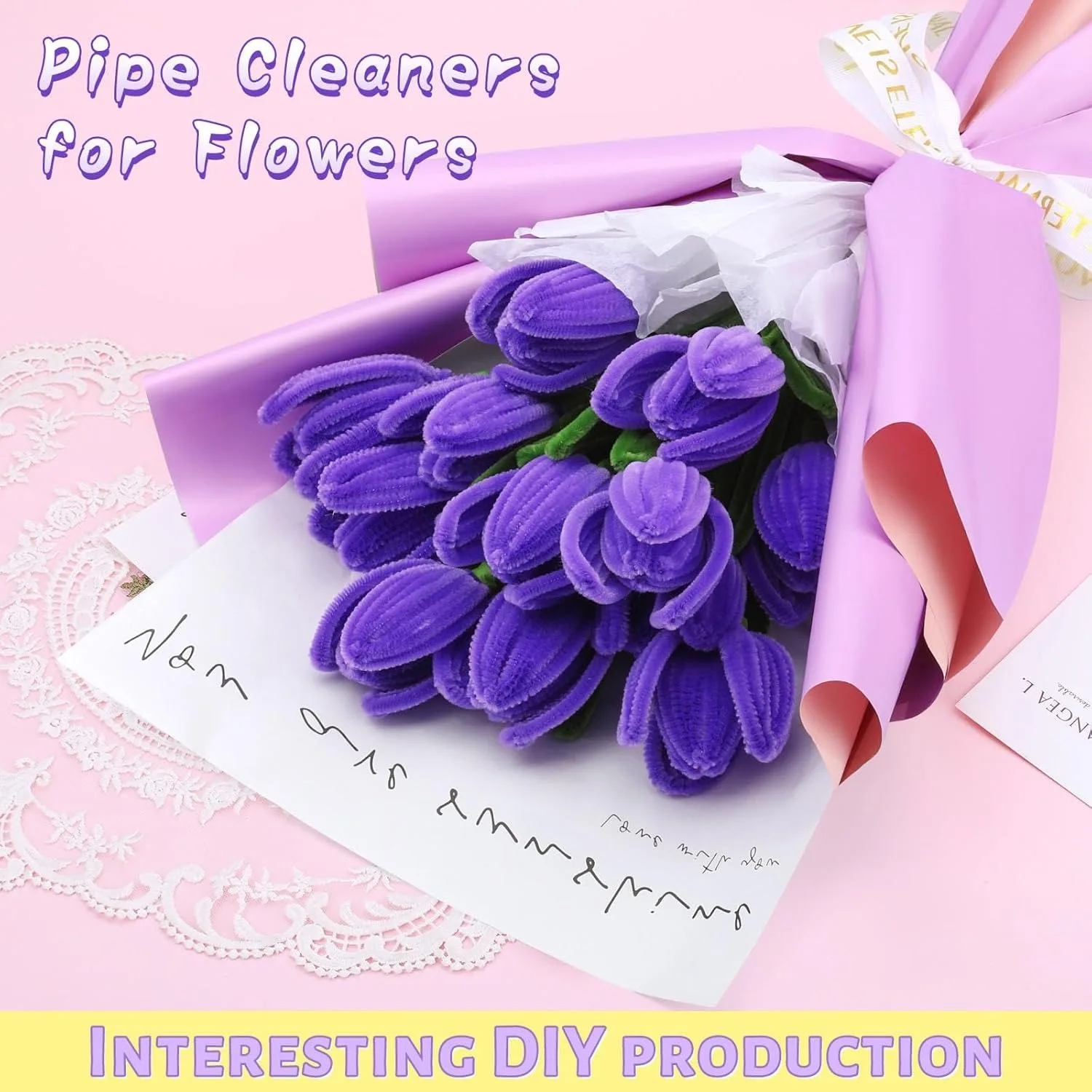 OUBAI Pipe Cleaner Flower Craft Kit, with Wrapping Paper, Step-by-Step Video Tutorials for Birthday Home Decoration