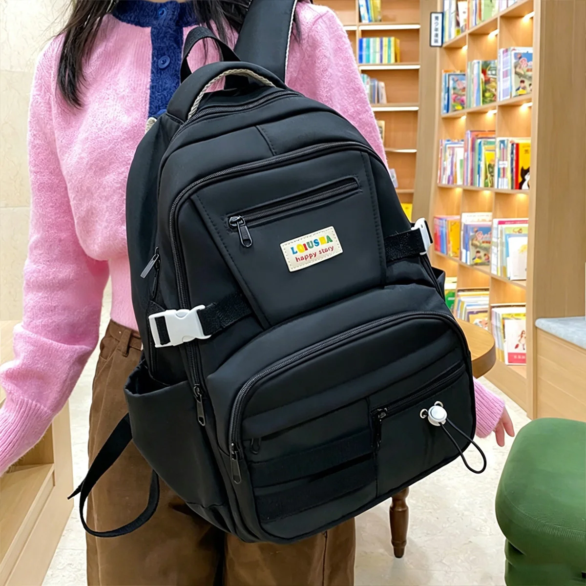 Dopamine Color Block Backpack Large Capacity Lightweight School Bag Cute Plush Pendant Adjustable Strap for Daily Campus Use 6
