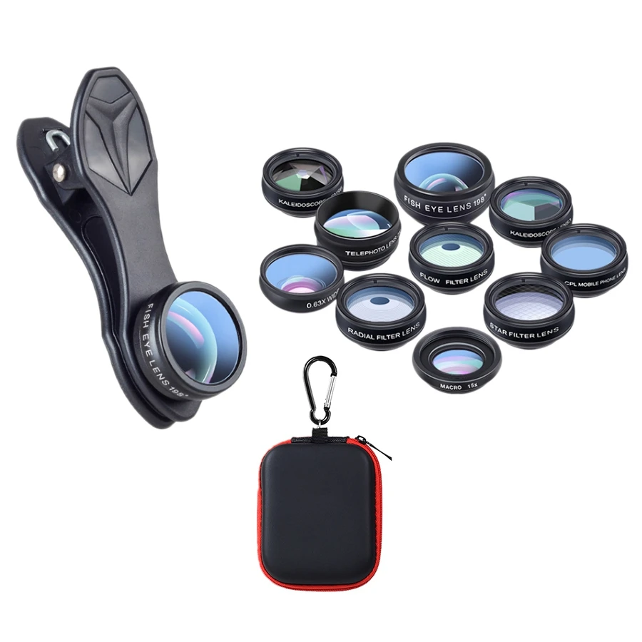 

Набор объективов APEXEL для камеры 10 в 1, комплект объективов для телефона, для большинства смартфонов с широкоугольным объективом 0,63, макрообъективом, калейдоскопами и т. д.