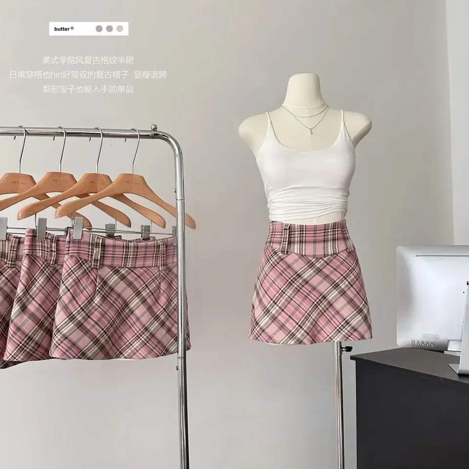 

Women's Pink Plaid A-line Skirt Vintage Y2k Mini Skirt Harajuku Korean Preppy Style Skirts Aesthetic 2000s Clothes Summer 2024