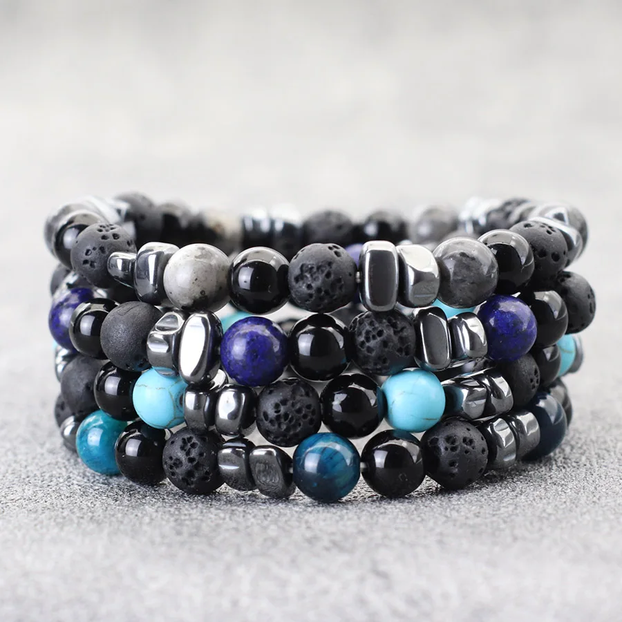 Natural Stone Hematite Men Bracelet Handmade Irregular Healing