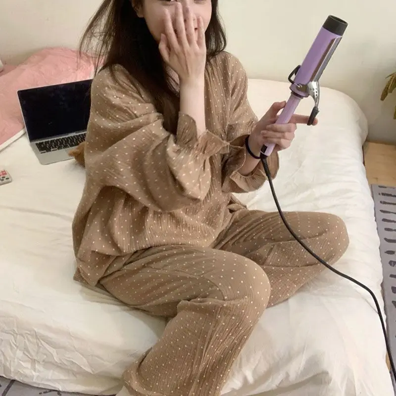 Pajama Sets Women Simple Retro Polka Dot Autumn Loose Sleepwear Korean Students Ins Long Sleeve Cozy Home Clothing Two Pieces